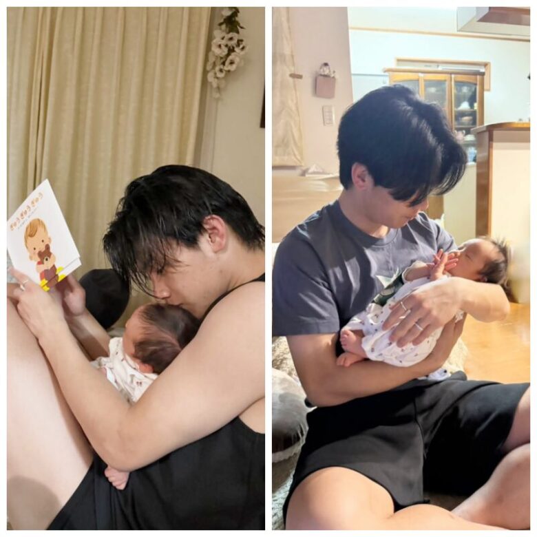 娘を抱く上田綺世の画像